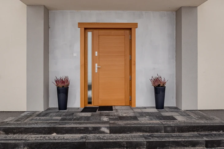 Entrée moderne d'une habitation avec porte en bois naturel à panneaux horizontaux et insert vitré vertical