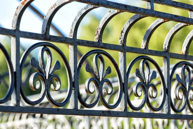 Scène extérieure présentant une grille décorative en fer forgé avec motifs ornementaux répétitifs de fleurs de lys stylisées
