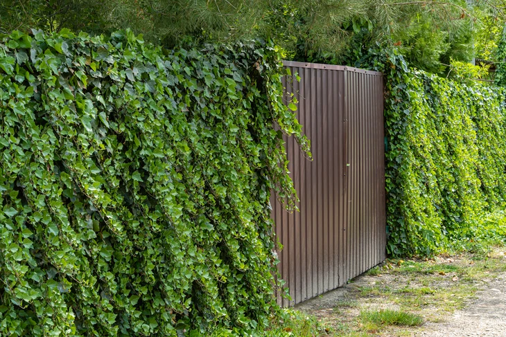 Extérieur résidentiel avec portail en bois naturel intégré dans clôture végétalisée