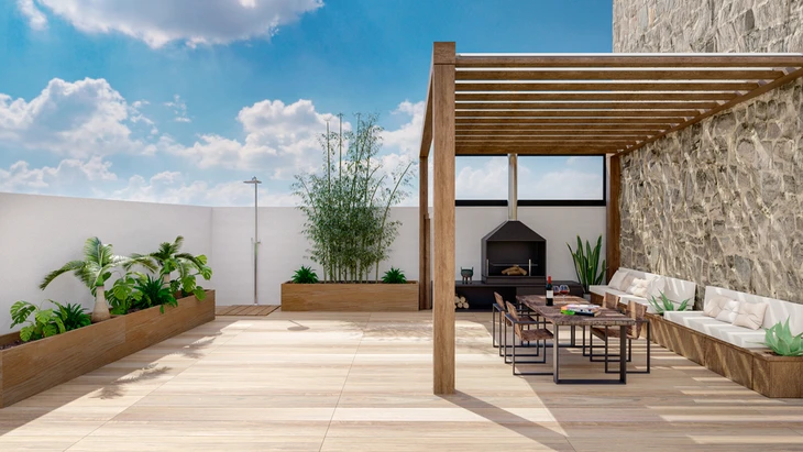Terrasse contemporaine avec pergola en bois, salon extérieur sous structure à lames horizontales