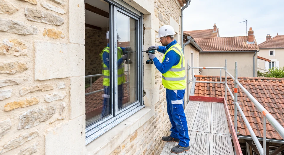 Photographie d'un technicien en uniforme professionnel (couleur identifiable à DNS Fenêtres) installant une fenêtre sur mesure en aluminium dans un chantier de rénovation. La fenêtre est partiellement montée sur le dormant, la scène montre le technicien en pleine action avec ses outils, dans un cadre résidentiel typique. L'image doit transmettre professionnalisme, expertise et précision du travail artisanal de menuiserie-aluminium.