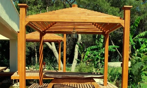 Couple d'âge mûr examinant des plans de construction dans un jardin résidentiel