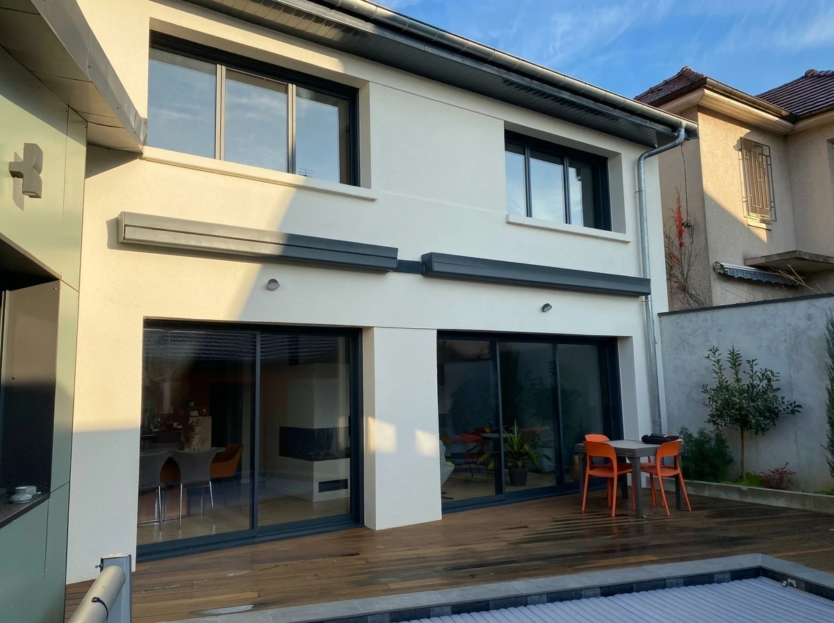 Jardin résidentiel moderne avec clôture aluminium anthracite à lames horizontales, montée sur muret béton enduit blanc