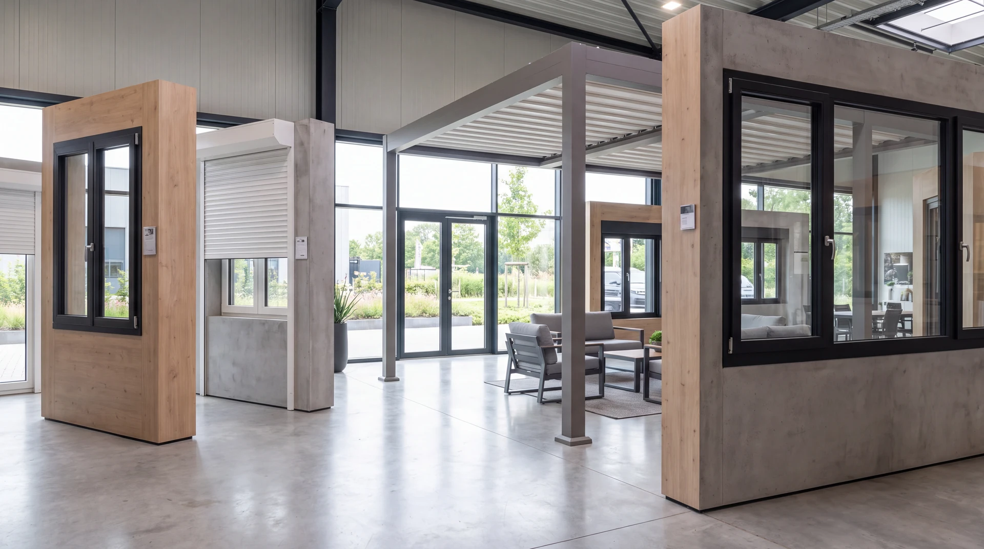 Intérieur moderne et bien éclairé d'un showroom spécialisé dans les fermetures extérieures, présentant plusieurs fenêtres en aluminium de styles différents installées sur des cloisons d'exposition, des portes d'entrée élégantes, des volets roulants et battants en démonstration, ainsi qu'une pergola bioclimatique en situation. L'espace est spacieux, organisé et professionnel, avec un client en conversation avec un conseiller dans le showroom. L'ambiance est celle d'un espace de consultation et d'inspiration, pas d'un salon événementiel.