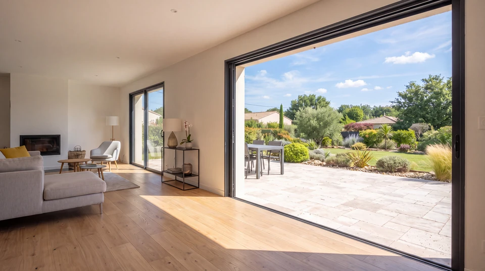 Salon moderne avec grandes baies vitrées panoramiques offrant vue sur paysage verdoyant