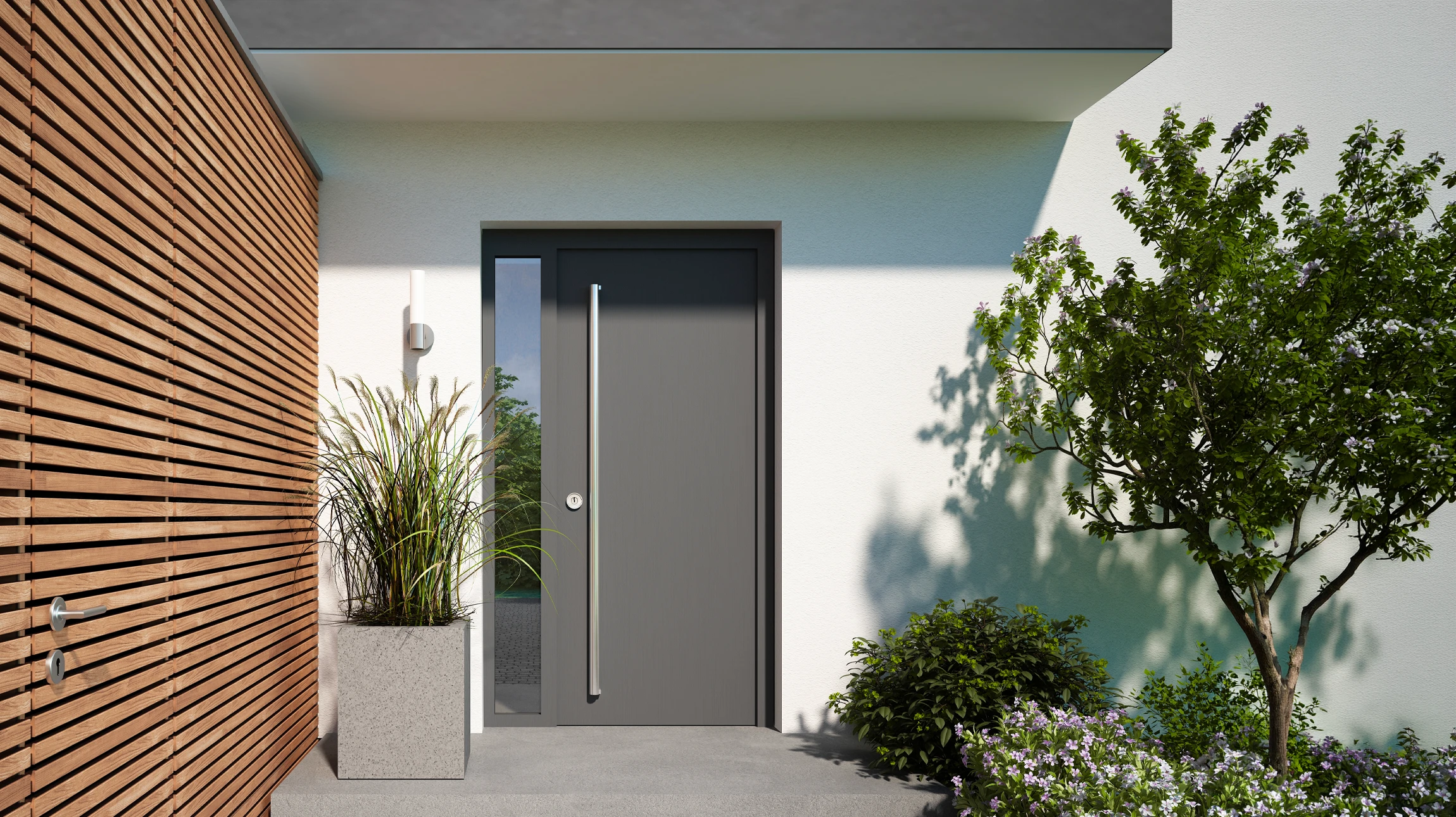 Porte d'entrée sécurisée en bois clair avec poignée en acier inoxydable brossé
